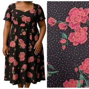 TORRID Tea Length Dress Plus Size 2X Black Floral Stretch Sweetheart NEW NWT